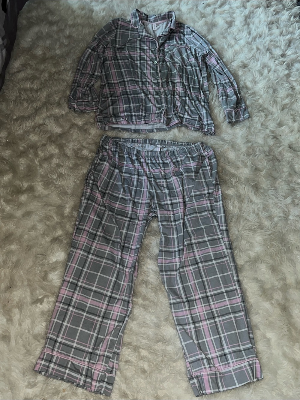 Gray and Pink Plaid Button-Front Pajama Set